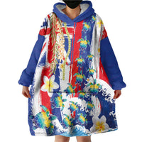Hawaiian Sea Turtles and Plumeria Wearable Blanket Hoodie with Lei and Flag Grunge Style