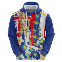 Hawaiian Sea Turtles and Plumeria Zip Hoodie with Lei and Flag Grunge Style