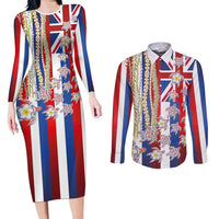 Hawaiian Polynesian Tribal Turtles Couples Matching Long Sleeve Bodycon Dress and Long Sleeve Button Shirt with Lei and Flag Style LT03 Multicolor - Polynesian Pride