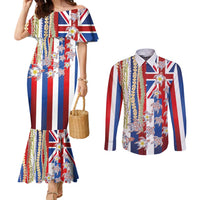 Hawaiian Polynesian Tribal Turtles Couples Matching Mermaid Dress and Long Sleeve Button Shirt with Lei and Flag Style