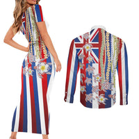Hawaiian Polynesian Tribal Turtles Couples Matching Short Sleeve Bodycon Dress and Long Sleeve Button Shirt with Lei and Flag Style LT03 - Polynesian Pride