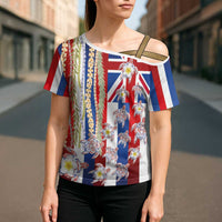 Hawaiian Polynesian Tribal Turtles Cross Shoulder Shirt with Lei and Flag Style