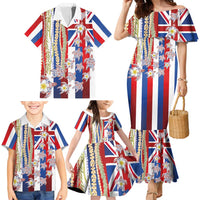 Hawaiian Polynesian Tribal Turtles Family Matching Mermaid Dress and Hawaiian Shirt with Lei and Flag Style