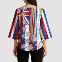 Hawaiian Polynesian Tribal Turtles Kimono Sleeve Blouse with Lei and Flag Style