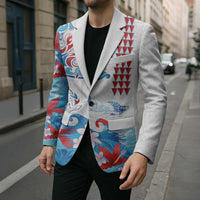 Hawaiian Tribal Manta Ray Blazer Kakau Tattoo and Flowers Surfing Waves Pattern Ocean Color LT03 - Polynesian Pride