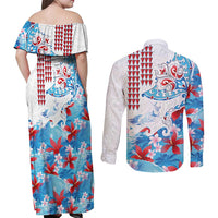 Hawaiian Tribal Manta Ray Couples Matching Off Shoulder Maxi Dress and Long Sleeve Button Shirt Kakau Tattoo and Flowers Surfing Waves Pattern Ocean Color