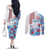 Hawaiian Tribal Manta Ray Couples Matching Off The Shoulder Long Sleeve Dress and Long Sleeve Button Shirt Kakau Tattoo and Flowers Surfing Waves Pattern Ocean Color