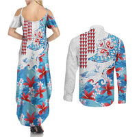 Hawaiian Tribal Manta Ray Couples Matching Summer Maxi Dress and Long Sleeve Button Shirt Kakau Tattoo and Flowers Surfing Waves Pattern Ocean Color