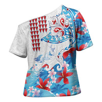 Hawaiian Tribal Manta Ray Cross Shoulder Shirt Kakau Tattoo and Flowers Surfing Waves Pattern Ocean Color LT03 - Polynesian Pride