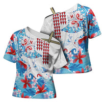 Hawaiian Tribal Manta Ray Cross Shoulder Shirt Kakau Tattoo and Flowers Surfing Waves Pattern Ocean Color LT03 - Polynesian Pride