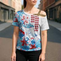 Hawaiian Tribal Manta Ray Cross Shoulder Shirt Kakau Tattoo and Flowers Surfing Waves Pattern Ocean Color LT03 - Polynesian Pride