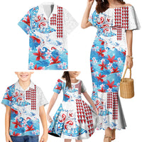 Hawaiian Tribal Manta Ray Family Matching Mermaid Dress and Hawaiian Shirt Kakau Tattoo and Flowers Surfing Waves Pattern Ocean Color