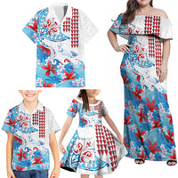 Hawaiian Tribal Manta Ray Family Matching Off Shoulder Maxi Dress and Hawaiian Shirt Kakau Tattoo and Flowers Surfing Waves Pattern Ocean Color