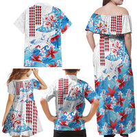 Hawaiian Tribal Manta Ray Family Matching Off Shoulder Maxi Dress and Hawaiian Shirt Kakau Tattoo and Flowers Surfing Waves Pattern Ocean Color