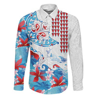 Hawaiian Tribal Manta Ray Family Matching Off Shoulder Maxi Dress and Hawaiian Shirt Kakau Tattoo and Flowers Surfing Waves Pattern Ocean Color