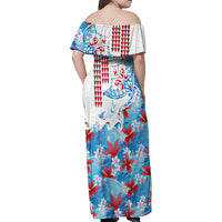 Hawaiian Tribal Manta Ray Family Matching Off Shoulder Maxi Dress and Hawaiian Shirt Kakau Tattoo and Flowers Surfing Waves Pattern Ocean Color