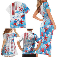 Hawaiian Tribal Manta Ray Family Matching Short Sleeve Bodycon Dress and Hawaiian Shirt Kakau Tattoo and Flowers Surfing Waves Pattern Ocean Color
