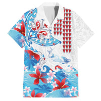 Hawaiian Tribal Manta Ray Hawaiian Shirt Kakau Tattoo and Flowers Surfing Waves Pattern Ocean Color LT03 Multicolor - Polynesian Pride