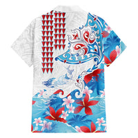 Hawaiian Tribal Manta Ray Hawaiian Shirt Kakau Tattoo and Flowers Surfing Waves Pattern Ocean Color LT03 - Polynesian Pride