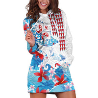 Hawaiian Tribal Manta Ray Hoodie Dress Kakau Tattoo and Flowers Surfing Waves Pattern Ocean Color