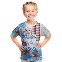 Hawaiian Tribal Manta Ray Kid T Shirt Kakau Tattoo and Flowers Surfing Waves Pattern Ocean Color LT03 Multicolor - Polynesian Pride