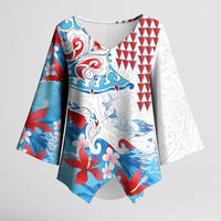 Hawaiian Tribal Manta Ray Kimono Sleeve Blouse Kakau Tattoo and Flowers Surfing Waves Pattern Ocean Color LT03 Female Multicolor - Polynesian Pride