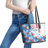 Hawaiian Tribal Manta Ray Leather Tote Bag Kakau Tattoo and Flowers Surfing Waves Pattern Ocean Color LT03 - Polynesian Pride