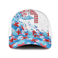 Hawaiian Tribal Manta Ray Mesh Trucker Cap Kakau Tattoo and Flowers Surfing Waves Pattern Ocean Color LT03 One Size White Multicolor - Polynesian Pride