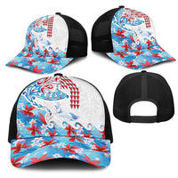 Hawaiian Tribal Manta Ray Mesh Trucker Cap Kakau Tattoo and Flowers Surfing Waves Pattern Ocean Color LT03 - Polynesian Pride