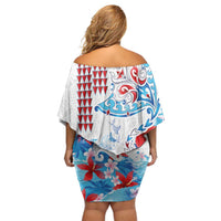 Hawaiian Tribal Manta Ray Off Shoulder Short Dress Kakau Tattoo and Flowers Surfing Waves Pattern Ocean Color LT03 - Polynesian Pride