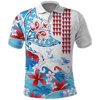 Hawaiian Tribal Manta Ray Polo Shirt Kakau Tattoo and Flowers Surfing Waves Pattern Ocean Color LT03 Multicolor - Polynesian Pride