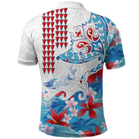 Hawaiian Tribal Manta Ray Polo Shirt Kakau Tattoo and Flowers Surfing Waves Pattern Ocean Color LT03 - Polynesian Pride