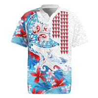 Hawaiian Tribal Manta Ray Rugby Jersey Kakau Tattoo and Flowers Surfing Waves Pattern Ocean Color