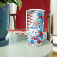 Hawaiian Tribal Manta Ray Tumbler Cup Kakau Tattoo and Flowers Surfing Waves Pattern Ocean Color