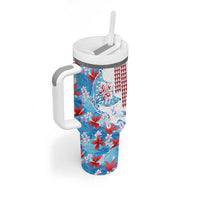 Hawaiian Tribal Manta Ray Tumbler With Handle Kakau Tattoo and Flowers Surfing Waves Pattern Ocean Color