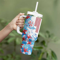 Hawaiian Tribal Manta Ray Tumbler With Handle Kakau Tattoo and Flowers Surfing Waves Pattern Ocean Color