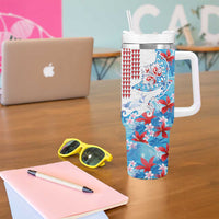 Hawaiian Tribal Manta Ray Tumbler With Handle Kakau Tattoo and Flowers Surfing Waves Pattern Ocean Color