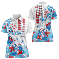Hawaiian Tribal Manta Ray Women Polo Shirt Kakau Tattoo and Flowers Surfing Waves Pattern Ocean Color