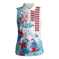 Hawaiian Tribal Manta Ray Women Sleeveless Polo Shirt Kakau Tattoo and Flowers Surfing Waves Pattern Ocean Color