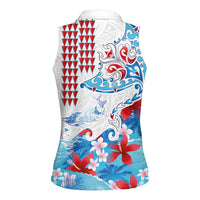 Hawaiian Tribal Manta Ray Women Sleeveless Polo Shirt Kakau Tattoo and Flowers Surfing Waves Pattern Ocean Color