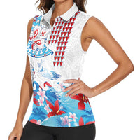 Hawaiian Tribal Manta Ray Women Sleeveless Polo Shirt Kakau Tattoo and Flowers Surfing Waves Pattern Ocean Color