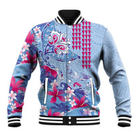 Hawaiian Tribal Manta Ray Baseball Jacket Kakau Tattoo and Flowers Surfing Waves Pattern Soft Color