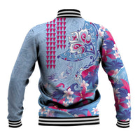 Hawaiian Tribal Manta Ray Baseball Jacket Kakau Tattoo and Flowers Surfing Waves Pattern Soft Color