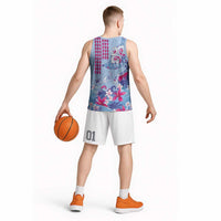 Hawaiian Tribal Manta Ray Basketball Jersey Kakau Tattoo and Flowers Surfing Waves Pattern Soft Color
