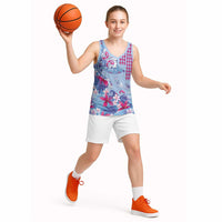 Hawaiian Tribal Manta Ray Basketball Jersey Kakau Tattoo and Flowers Surfing Waves Pattern Soft Color