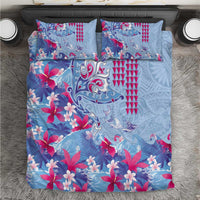 Hawaiian Tribal Manta Ray Bedding Set Kakau Tattoo and Flowers Surfing Waves Pattern Soft Color