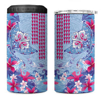 Hawaiian Tribal Manta Ray 4 in 1 Can Cooler Tumbler Kakau Tattoo and Flowers Surfing Waves Pattern Soft Color
