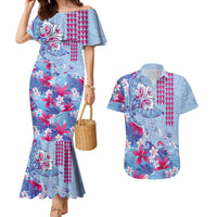 Hawaiian Tribal Manta Ray Couples Matching Mermaid Dress and Hawaiian Shirt Kakau Tattoo and Flowers Surfing Waves Pattern Soft Color