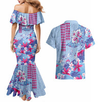Hawaiian Tribal Manta Ray Couples Matching Mermaid Dress and Hawaiian Shirt Kakau Tattoo and Flowers Surfing Waves Pattern Soft Color