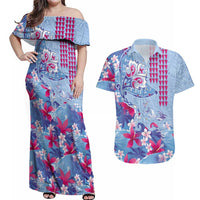 Hawaiian Tribal Manta Ray Couples Matching Off Shoulder Maxi Dress and Hawaiian Shirt Kakau Tattoo and Flowers Surfing Waves Pattern Soft Color